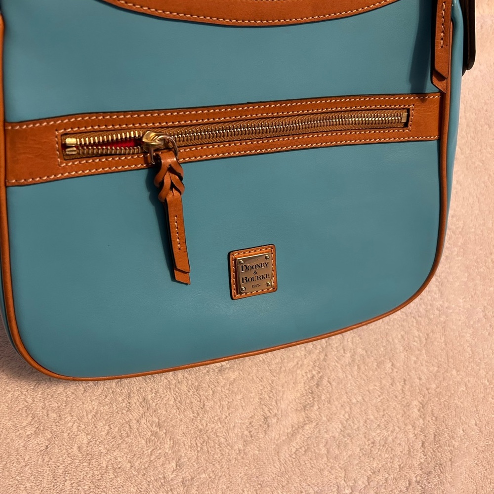 Dooney & Bourke Leather Turquoise Shoulder Bag with brown trim - Picture 3 of 13